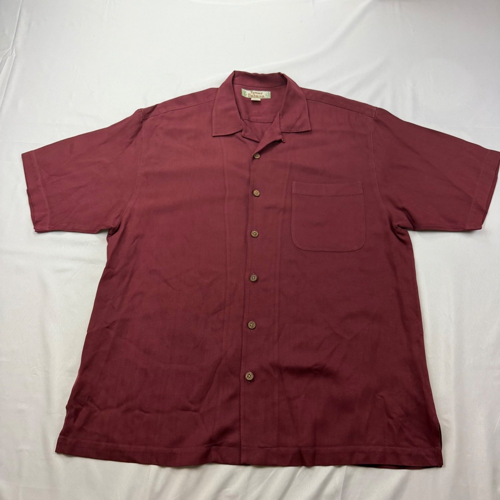 Tommy Bahama Camp Shirt Mens Large Burgundy Silk Herringbone Short Sleeve